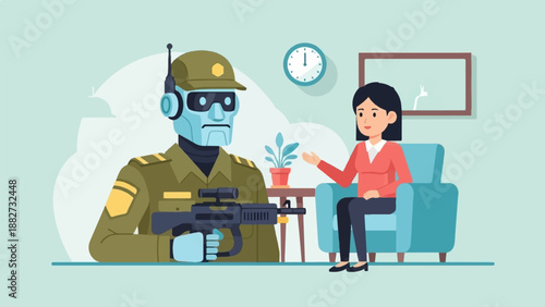A robot soldier sits with a woman in a room, holding a rifle