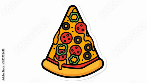 A cartoon slice of pizza with melted cheese, pepperoni, olives, and peppers