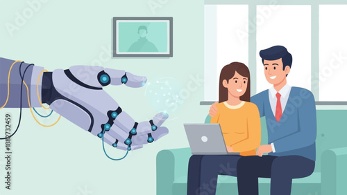 A robotic hand interacts with a digital sphere near a couple using a laptop