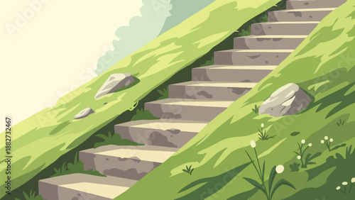 A stone staircase ascends a grassy hill under a soft sky