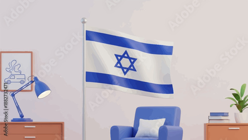 A room interior featuring a flag, armchair, desk lamp, plant, and artwork