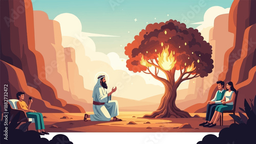 A man kneels before a burning bush, with onlookers observing