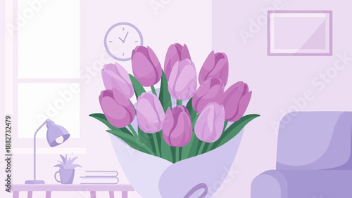 A still life of purple tulips in a vase on a table with a lamp and books