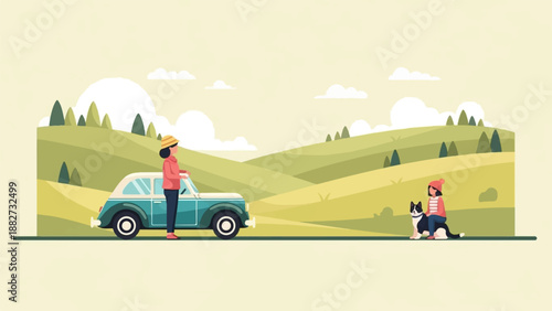 A person with a vintage car and a dog are in a beautiful hilly landscape