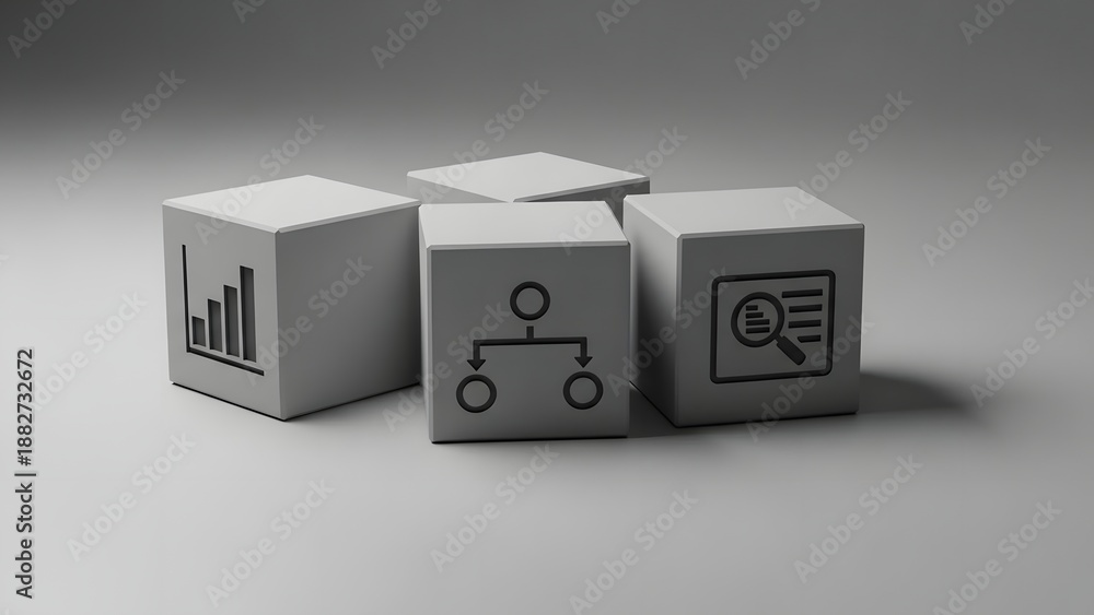 Fototapeta premium Four white cubes with business icons symbolizing data analysis, organization, and research, set against a neutral gradient background