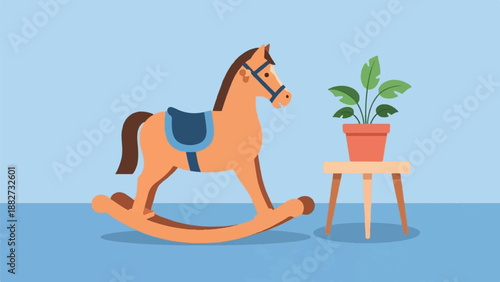 A cartoon rocking horse and potted plant sit on a blue floor