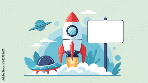 A cartoon rocket launches from clouds next to a UFO and planet