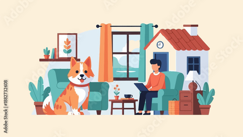 A dog and person work from home, cozy interior, plants, a house motif