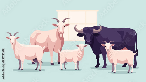 A group of domestic animals including goats, sheep, and a water buffalo