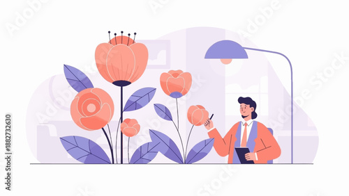 A person works indoors surrounded by large stylized flowers and a desk lamp