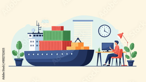 A person works on a computer next to a cargo ship loaded with containers