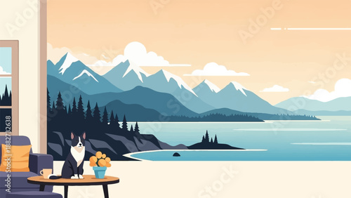 A cozy indoor scene with a pet overlooking a serene mountain and lake landscape