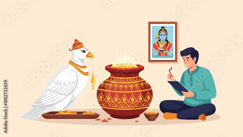 A man sits cross-legged, writing, beside a decorated pot and a bird in traditional attire