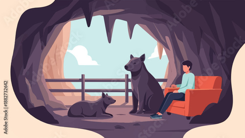A man sits in an armchair watching two dogs in a cave