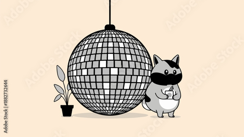 A cartoon raccoon holds a drink next to a disco ball and a potted plant