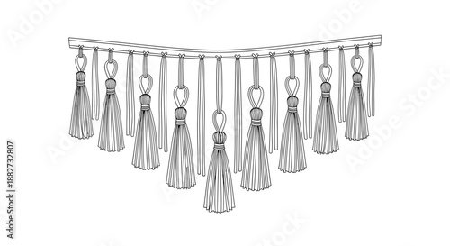 Elegant tassel trim hanging in symmetrical arrangement, isolated on a clean white background, showcasing intricate design and delicate craftsmanship