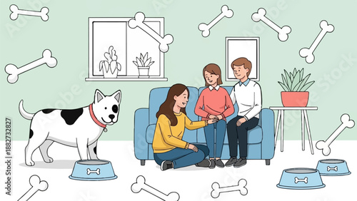 A dog interacts with people in a room with bones scattered around