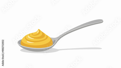 A metal spoon holds a dollop of yellow mustard with a shadow