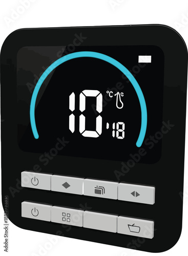 Digital thermostat displaying room temperature with user control interface in black design