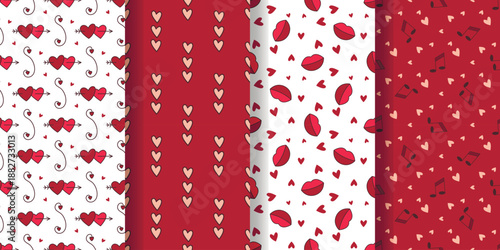 Set of romantic seamless patterns, vector graphics. Backgrounds with hearts, notes and kisses. Prints for tiles, covers, textiles, packaging, paper for weddings, holidays and Valentines Day