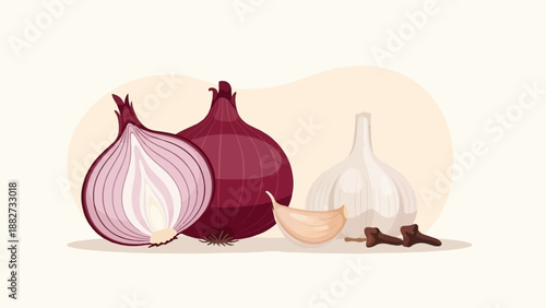 A group of red onions, a garlic bulb, and cloves, illustrated