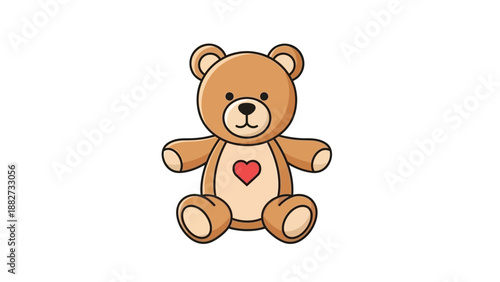 A simple cartoon illustration of a cute brown teddy bear with a red heart on its chest, isolated on a white background.