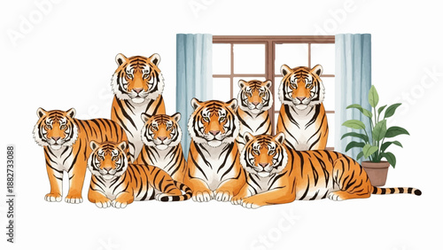 A group of tigers posing for a portrait indoors near a window