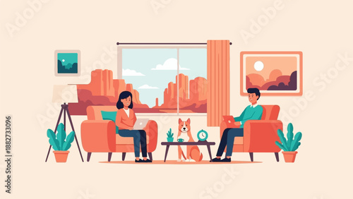 A cozy living room scene with people and a dog overlooking a desert landscape