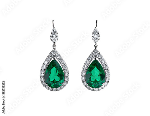Pair of elegant drop earrings, featuring emerald-cut center stones encircled with diamonds