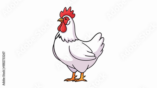 A cartoon hen with white feathers and a red comb stands alertly