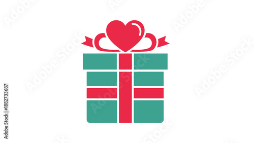 A stylized flat design icon of a wrapped gift box with a red ribbon and a heart on top, presented on a white background.