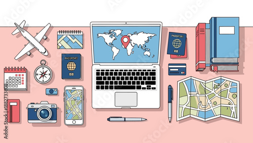 Flat Design Travel Planning Accessories on a Pink Background - Top View