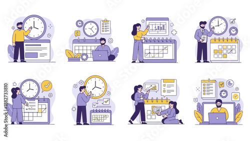 Business people planning and managing time with calendars and clocks