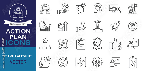 Action plan icon set symbol. Set of 24 outline icons including goal setting, task management, teamwork, business, success, management, project planning and more. Vector illustration.
