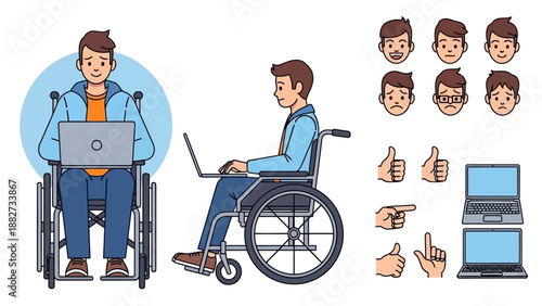 Man in Wheelchair Working on Laptop, Expressive Faces, Hand Gestures, and Technology Elements