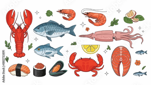 Collection of Fresh Seafood and Marine Delicacies Artistically Arranged