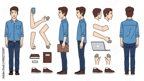 Man Character Design Kit: Front, Side, Back Views, Arms, Hands, and Objects
