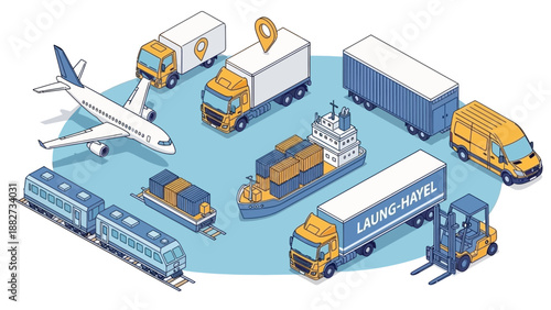 Diverse logistics and transport vehicles collection, business and delivery services illustration