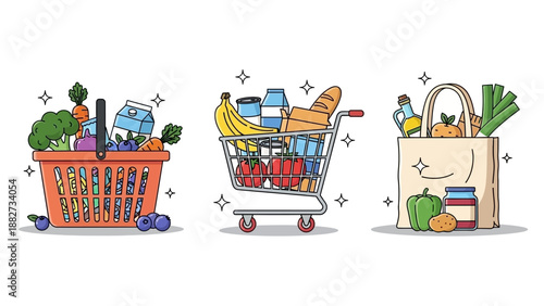 Grocery Shopping Basket, Cart, and Bag Filled with Fresh Food Items, Vector Illustration