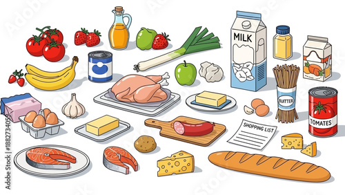 Assorted Fresh Food and Grocery Items on a White Background, Healthy Eating Concept