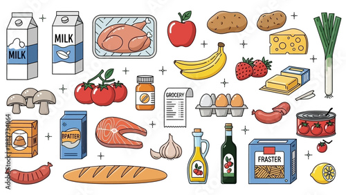 Assortment of Fresh Groceries and Food Items Displayed on a White Background