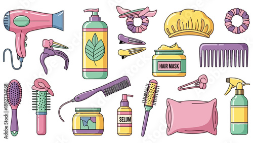 Collection of Hair Care Products and Accessories Flat Vector Illustrations