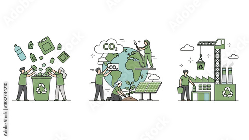 Eco-friendly lifestyle illustrations showing recycling, planting, and sustainable industry practices