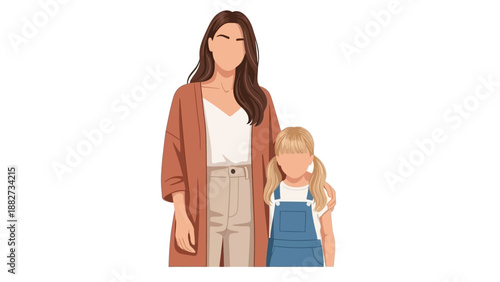 Stylized Mother and Daughter Together, Minimalist Vector Illustration Showing Family Love