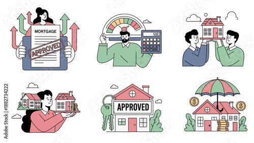 Mortgage Approval Process and Home Ownership Financial Concepts Vector Set