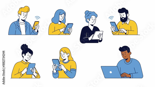 Diverse group of people using mobile devices and laptop in flat design style