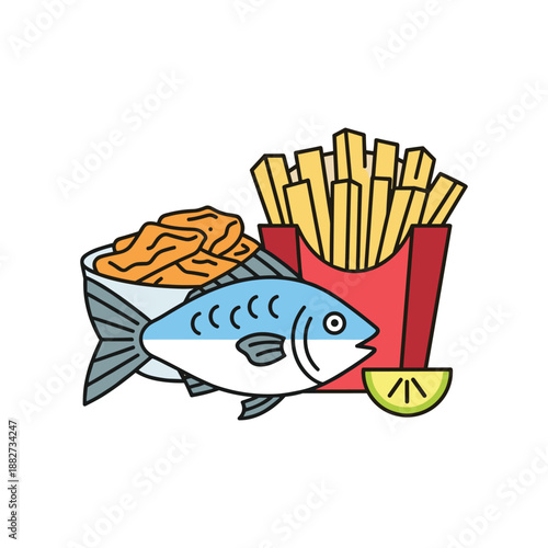 Delicious Fish and Chips with Lemon and Fries