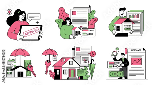 Real Estate Mortgage Approval Process with Documents and Houses