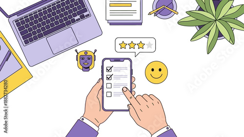 Hands using smartphone for survey, feedback, and rating with stars and smiley face