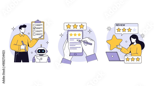 Customer Feedback and Review Process with Robots and Digital Technology Illustrations